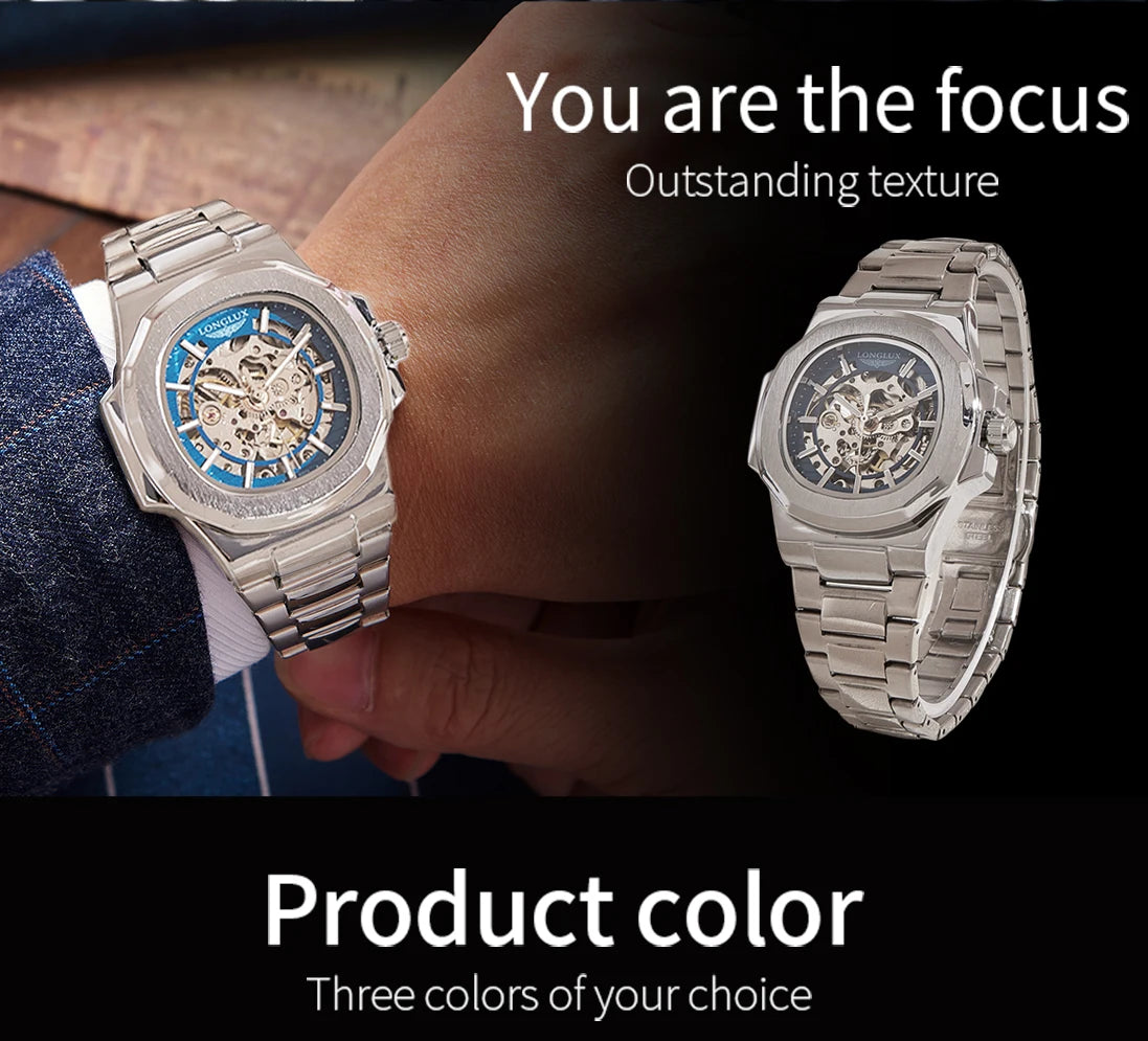 LONGLUX Luxury Automatic Skeleton Watch β Stainless Steel Waterproof Mechanical Timepiece for Men