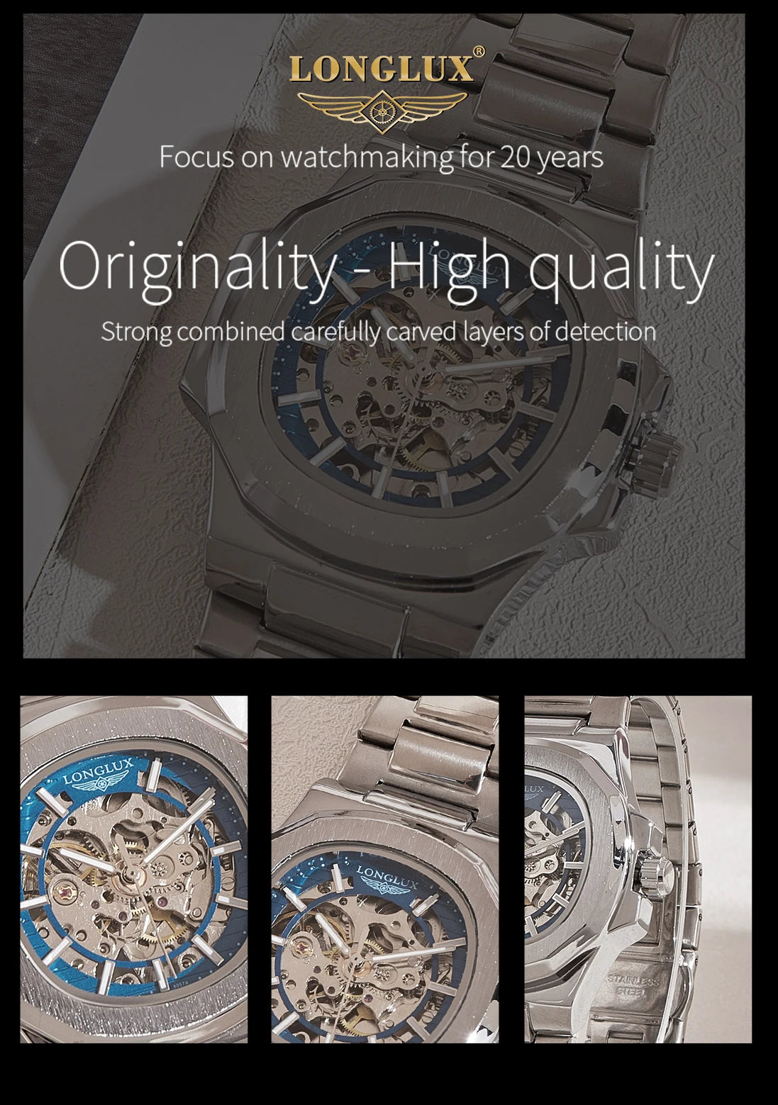 LONGLUX Luxury Automatic Skeleton Watch β Stainless Steel Waterproof Mechanical Timepiece for Men
