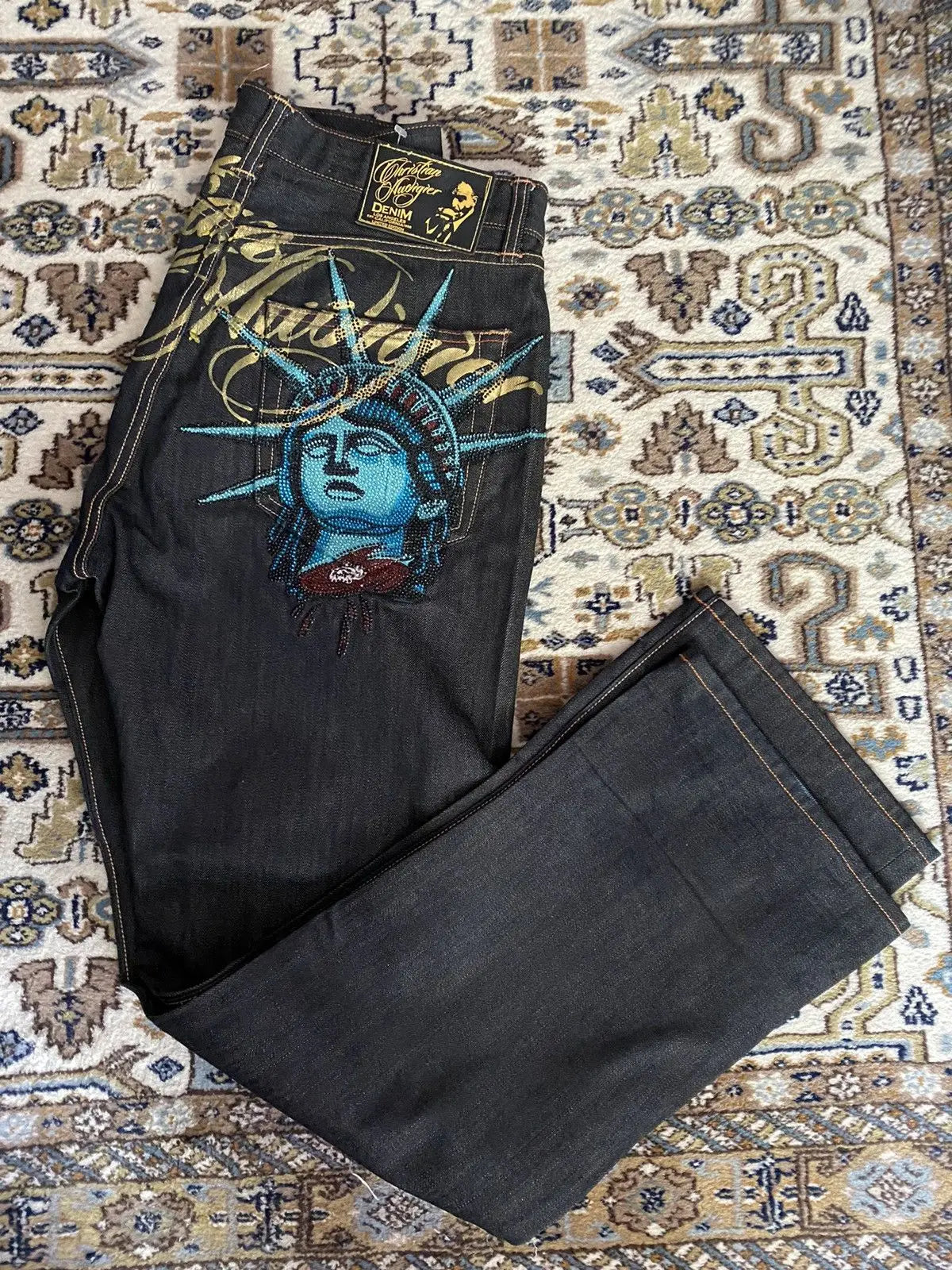 Vintage Statue of Liberty Diamond Jeans – High Waist Wide Leg Y2K Harajuku Denim Pants for Women
