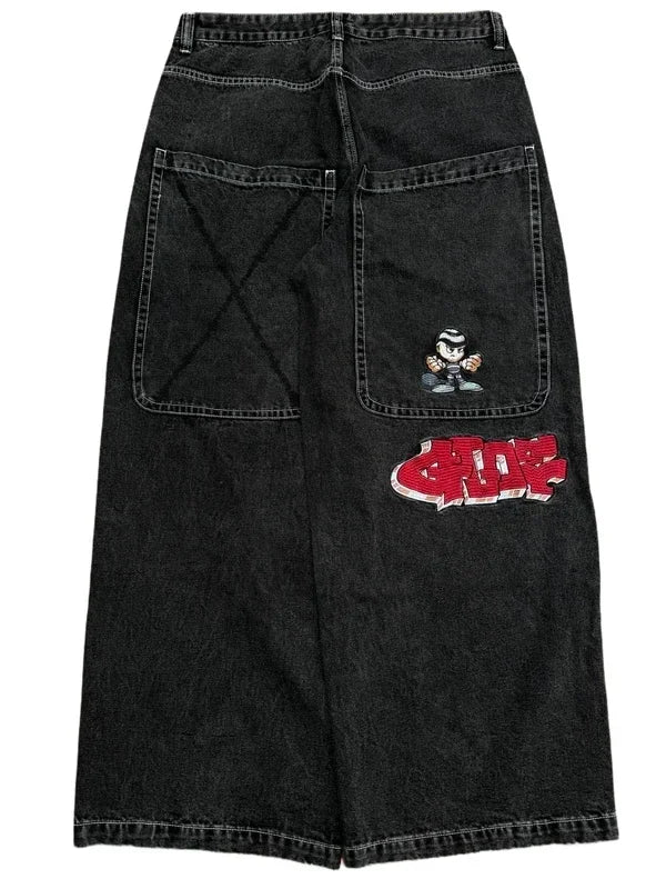 Y2K Baggy Jeans – Vintage 2000s Embroidered Hip-Hop Streetwear Wide-Leg Denim
