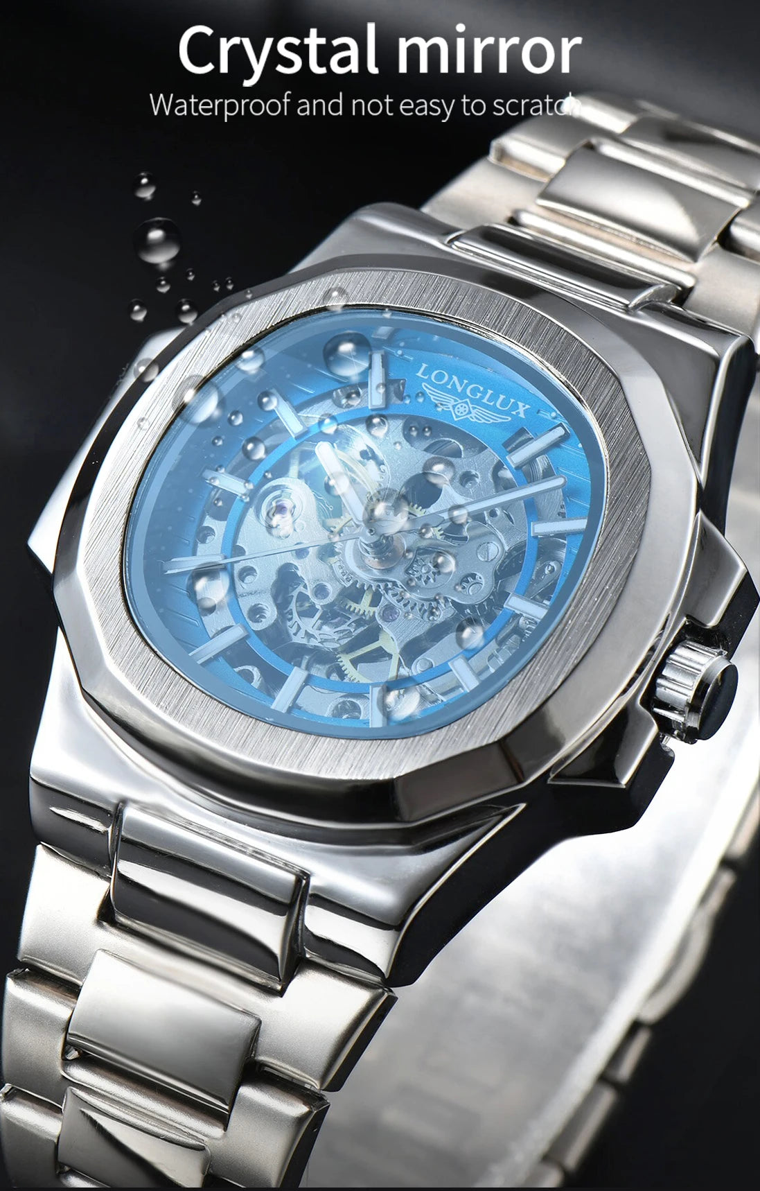 LONGLUX Luxury Automatic Skeleton Watch β Stainless Steel Waterproof Mechanical Timepiece for Men