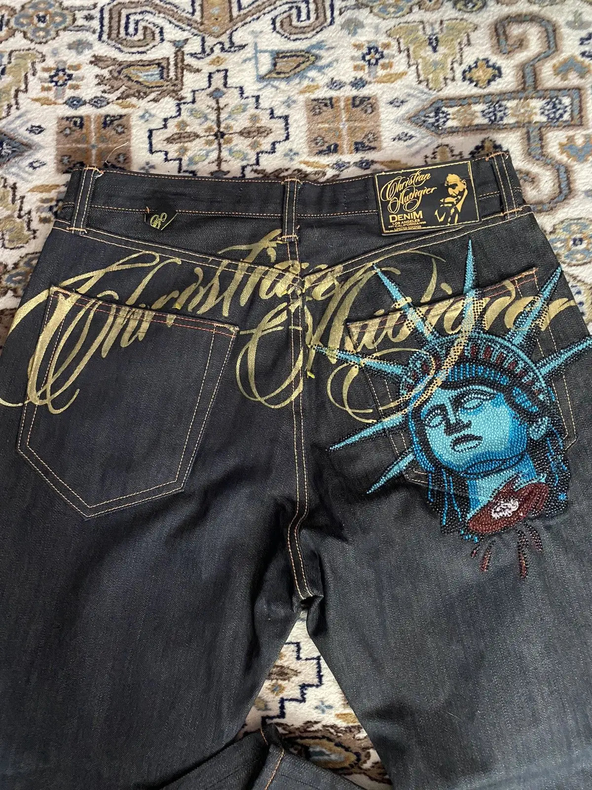 Vintage Statue of Liberty Diamond Jeans – High Waist Wide Leg Y2K Harajuku Denim Pants for Women
