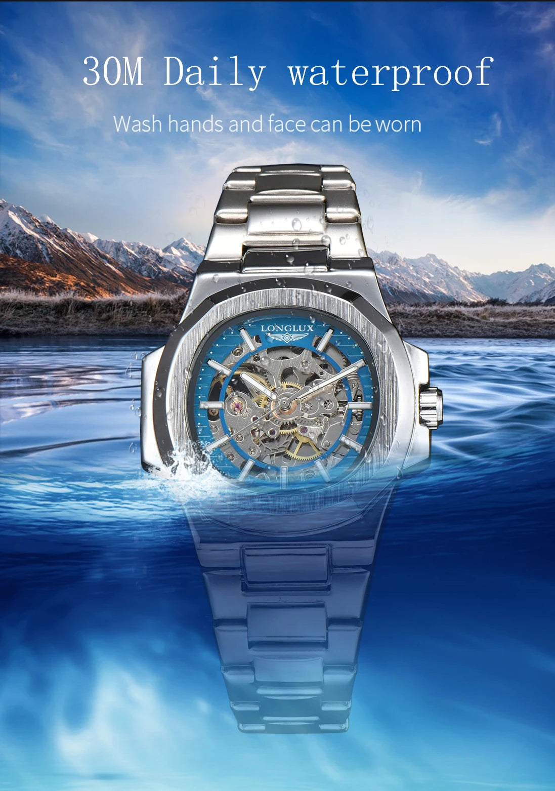 LONGLUX Luxury Automatic Skeleton Watch β Stainless Steel Waterproof Mechanical Timepiece for Men