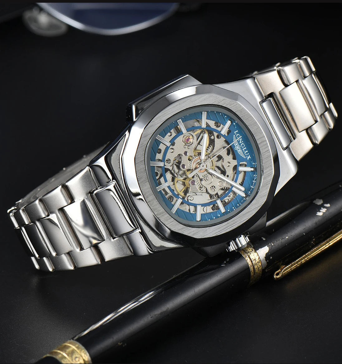 LONGLUX Luxury Automatic Skeleton Watch β Stainless Steel Waterproof Mechanical Timepiece for Men