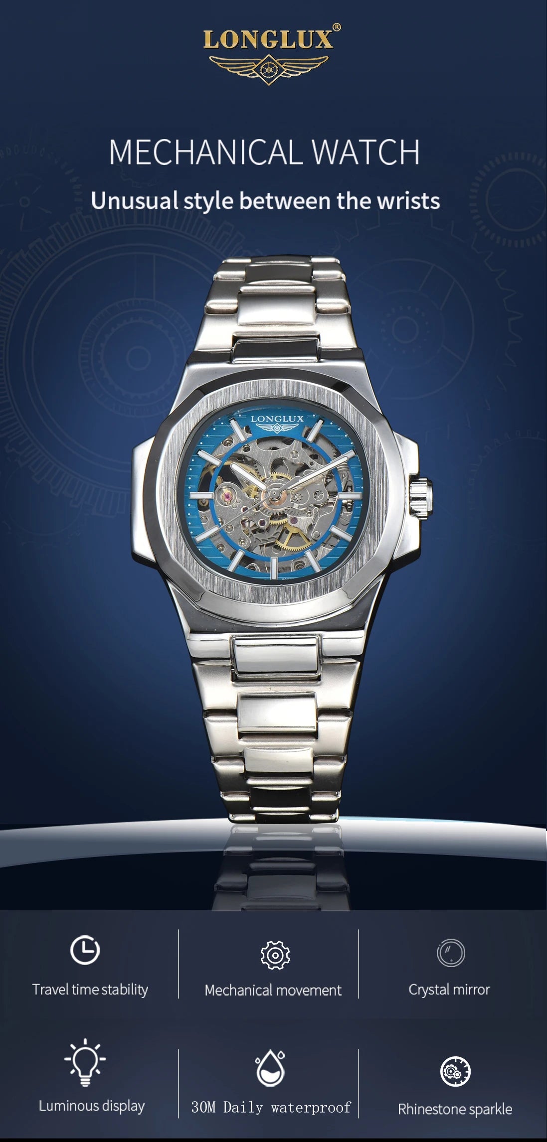 LONGLUX Luxury Automatic Skeleton Watch β Stainless Steel Waterproof Mechanical Timepiece for Men