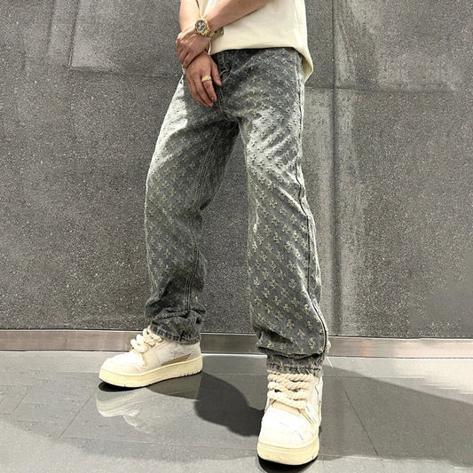 “Elevate Your Streetwear Game: Jacquard Pattern Baggy Denim Pants”