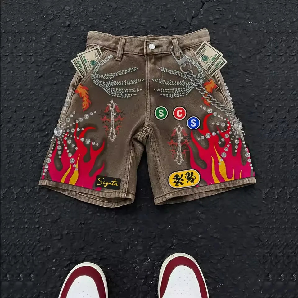Brown shorts with colorful designs and money on a black textured background