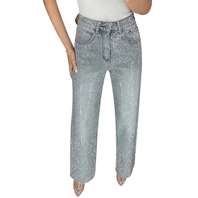 Y2K Shiny Rhinestone Wide Leg Jeans – High Street Full Diamond Denim for Women