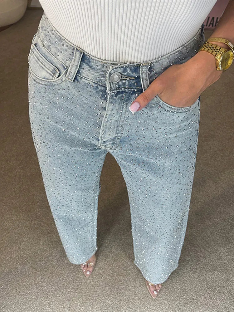 Y2K Shiny Rhinestone Wide Leg Jeans – High Street Full Diamond Denim for Women