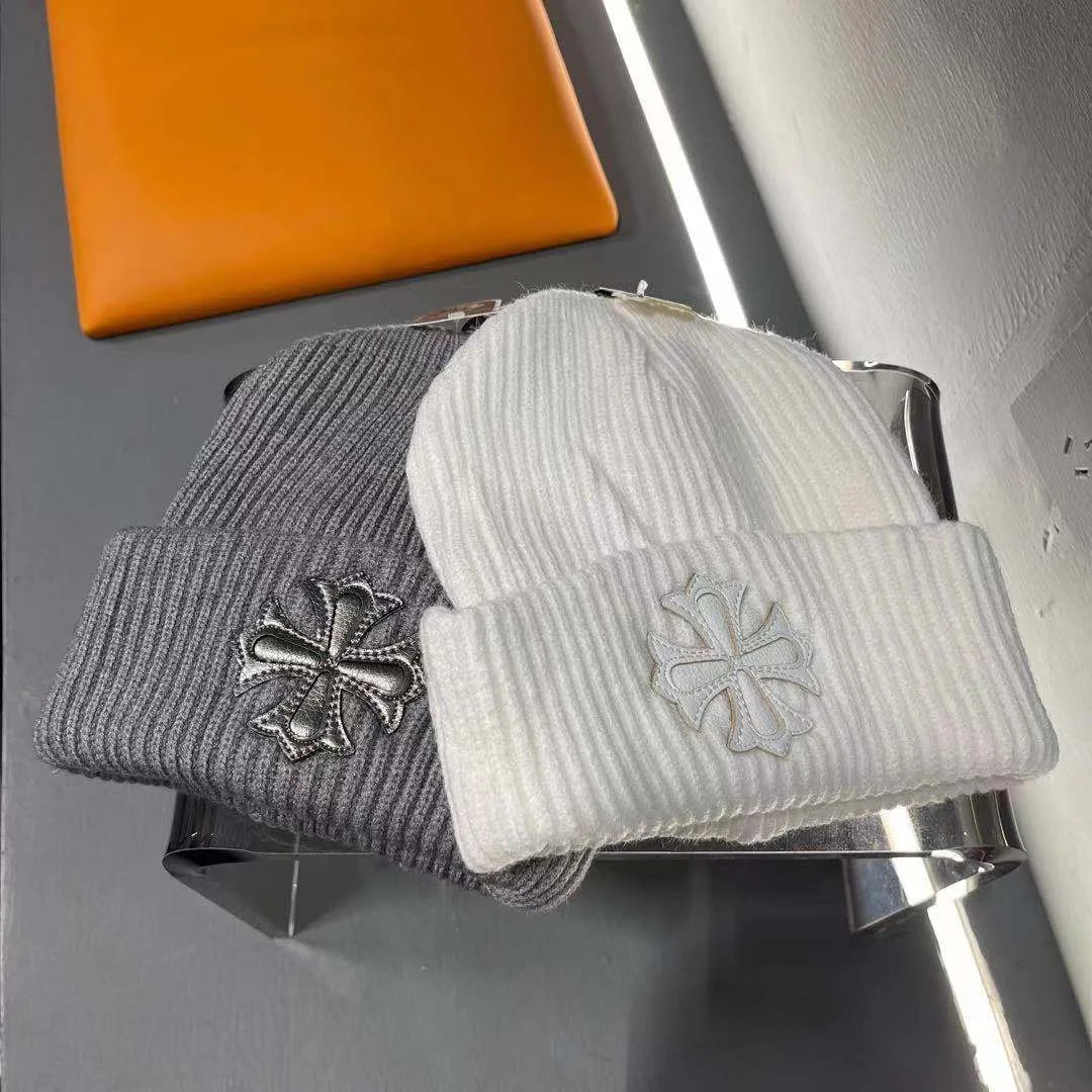 Double-Layer Warm Knitted Wool Hat – Stylish Cross Chrome Hearts Beanie