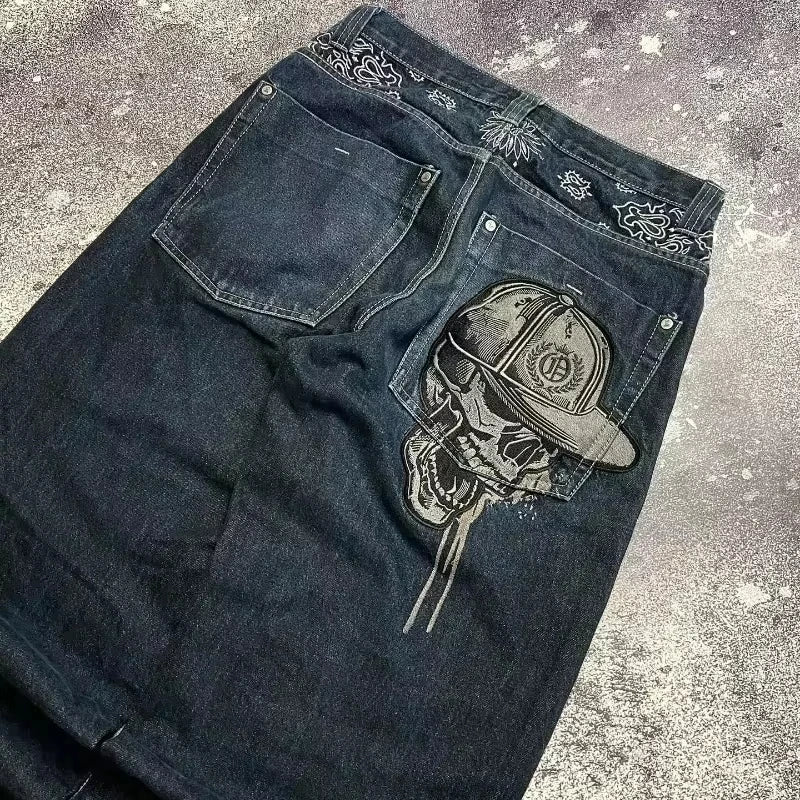 Street Fashion Skull Embroidered Y2K Wide-Leg Jeans – Harajuku Hip-Hop Style