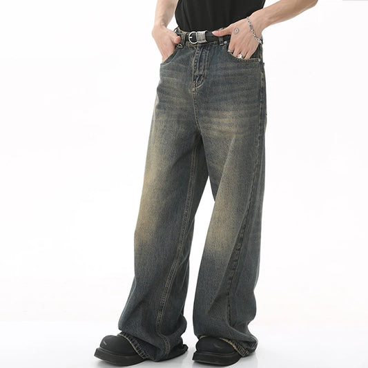 Washed Denim Pants – Loose Wide-Leg Straight Jeans for Men | 2024/2015 Retro Streetwear