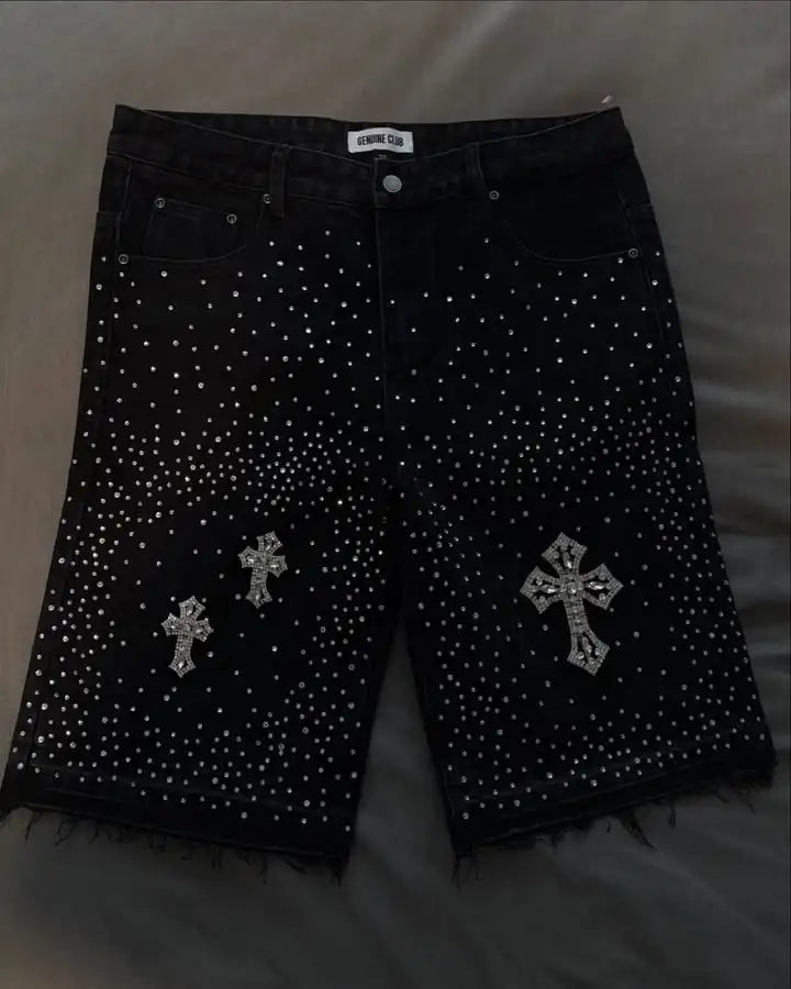 Vintage Cross Rhinestone Denim Shorts – Y2K Retro Baggy Harajuku Hip Hop Black Jeans for Men