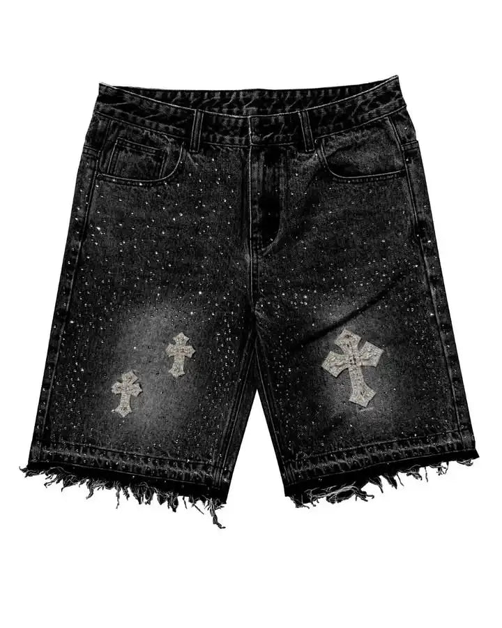 Vintage Cross Rhinestone Denim Shorts – Y2K Retro Baggy Harajuku Hip Hop Black Jeans for Men