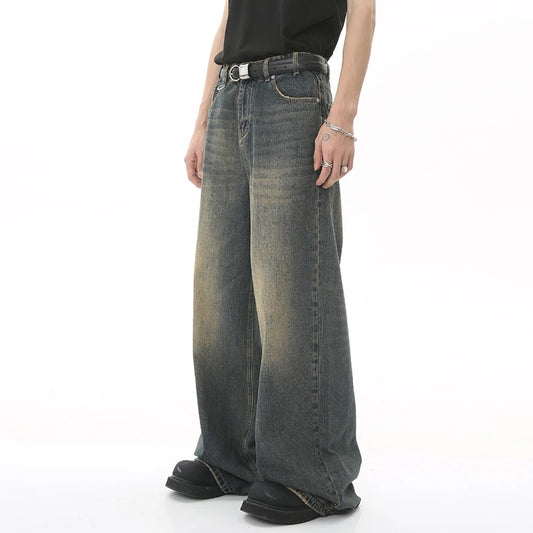 Washed Denim Pants – Loose Wide-Leg Straight Jeans for Men | 2024/2015 Retro Streetwear