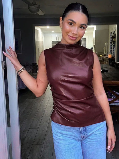 🔥 Women’s Y2K Vintage PU Leather Tank Top – High Waist, Sleek & Versatile 🔥