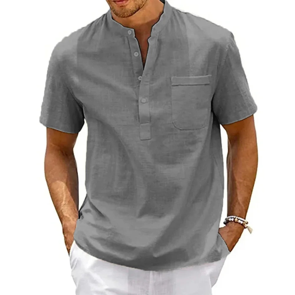 Men’s Cotton Linen Henley Shirt – Casual Vintage Short Sleeve Beach Top with Pocket