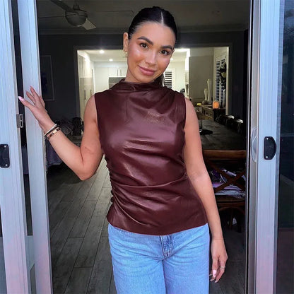 🔥 Women’s Y2K Vintage PU Leather Tank Top – High Waist, Sleek & Versatile 🔥