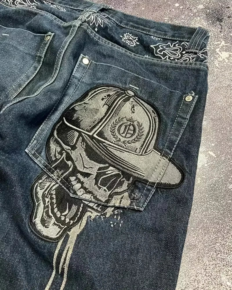 Street Fashion Skull Embroidered Y2K Wide-Leg Jeans – Harajuku Hip-Hop Style