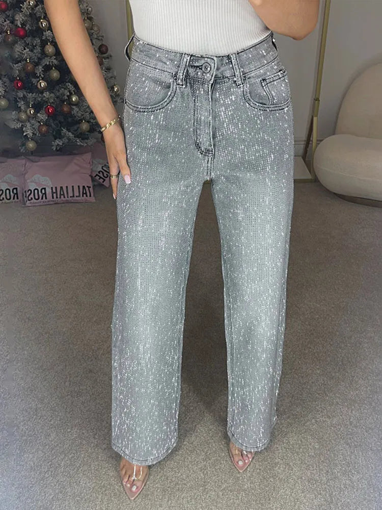 Y2K Shiny Rhinestone Wide Leg Jeans – High Street Full Diamond Denim for Women