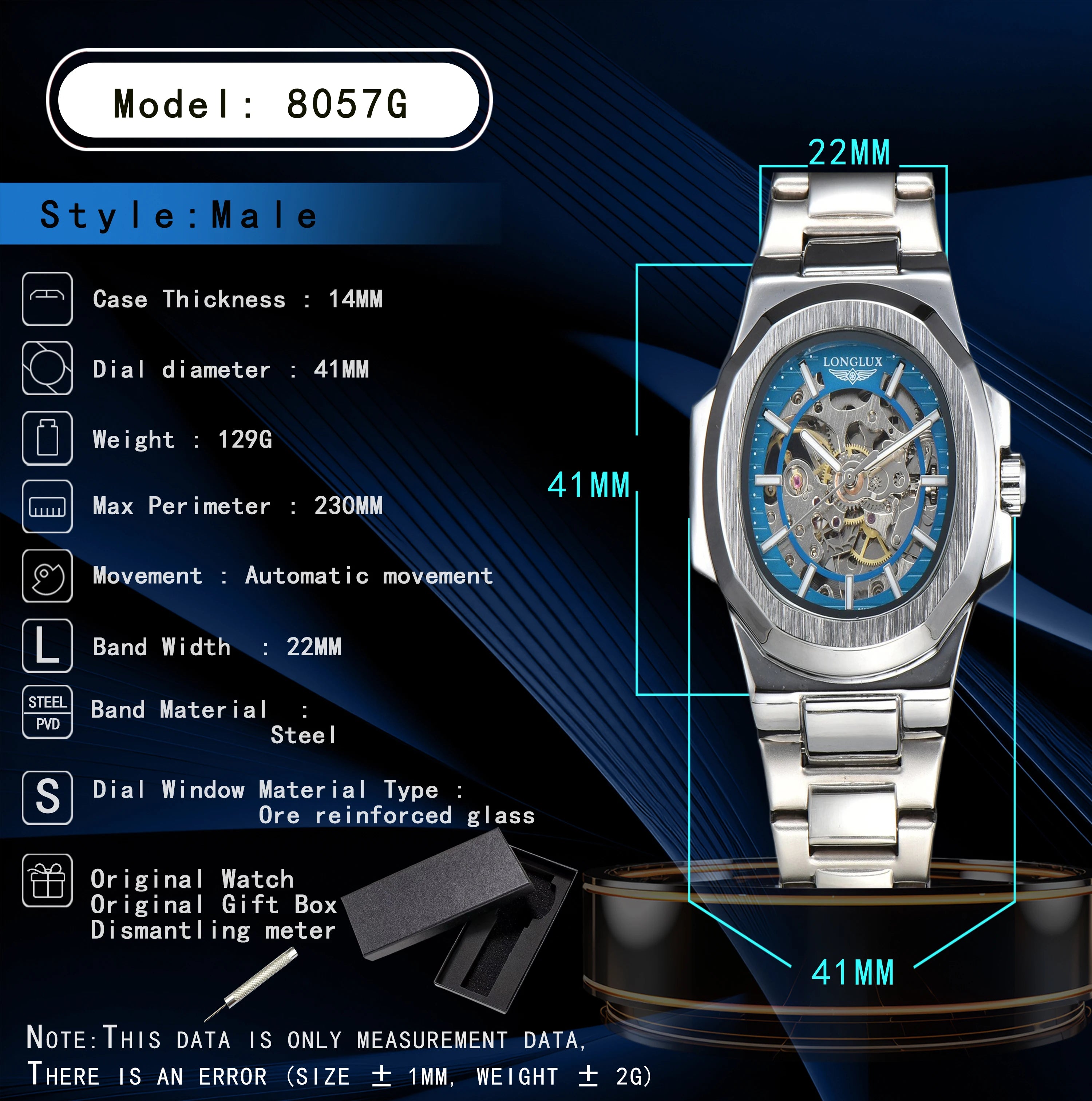 LONGLUX Luxury Automatic Skeleton Watch – Stainless Steel Waterproof Mechanical Timepiece for Men