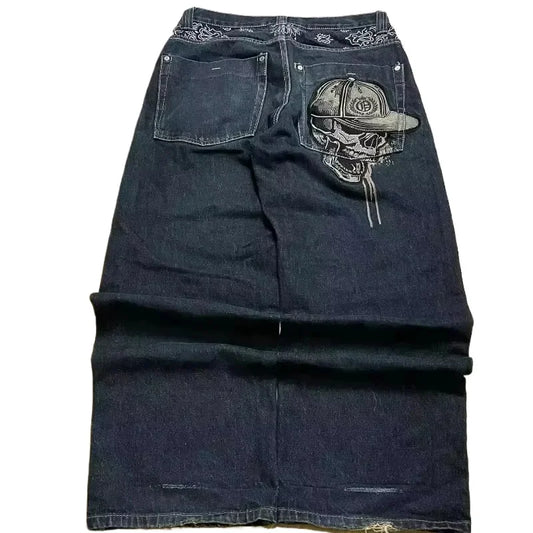 Street Fashion Skull Embroidered Y2K Wide-Leg Jeans – Harajuku Hip-Hop Style