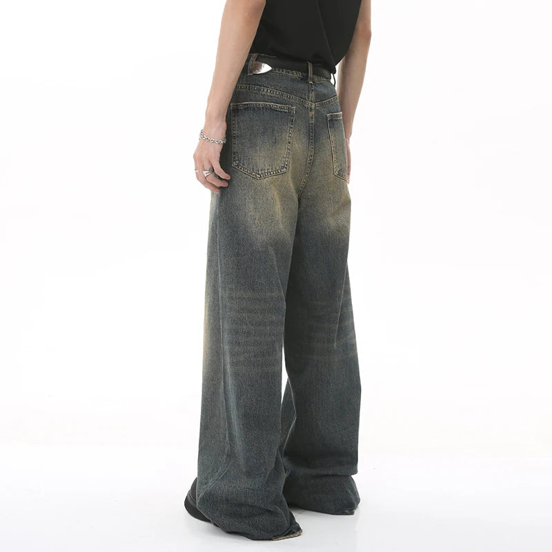 Washed Denim Pants – Loose Wide-Leg Straight Jeans for Men | 2024/2015 Retro Streetwear