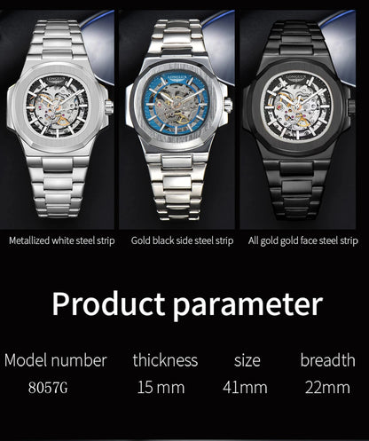 LONGLUX Luxury Automatic Skeleton Watch – Stainless Steel Waterproof Mechanical Timepiece for Men