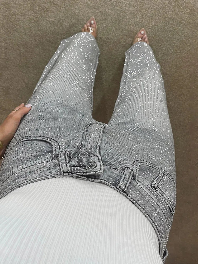 Y2K Shiny Rhinestone Wide Leg Jeans – High Street Full Diamond Denim for Women