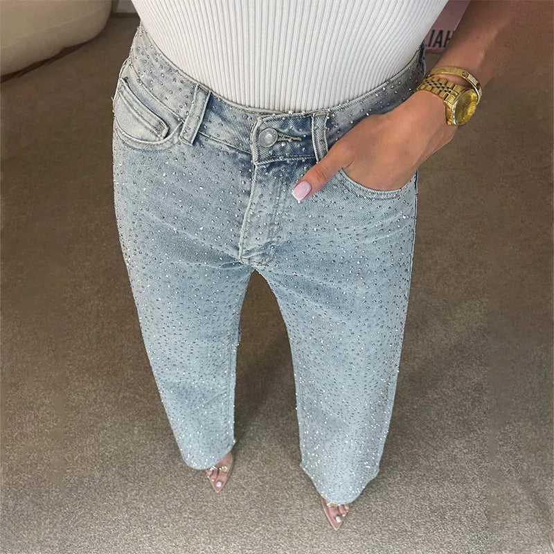 Y2K Shiny Rhinestone Wide Leg Jeans – High Street Full Diamond Denim for Women