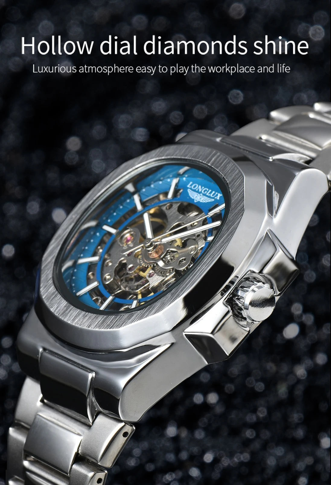 LONGLUX Luxury Automatic Skeleton Watch – Stainless Steel Waterproof Mechanical Timepiece for Men