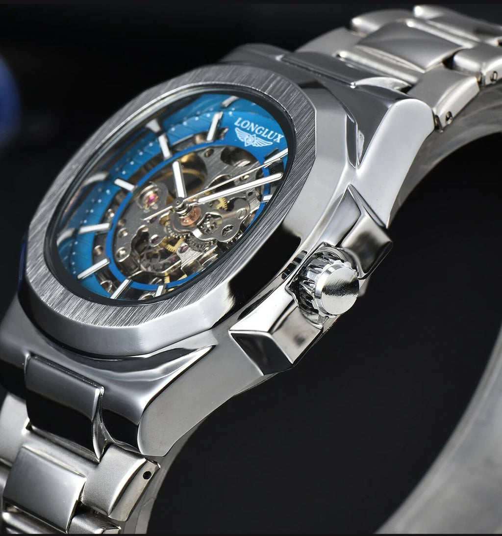 LONGLUX Luxury Automatic Skeleton Watch – Stainless Steel Waterproof Mechanical Timepiece for Men