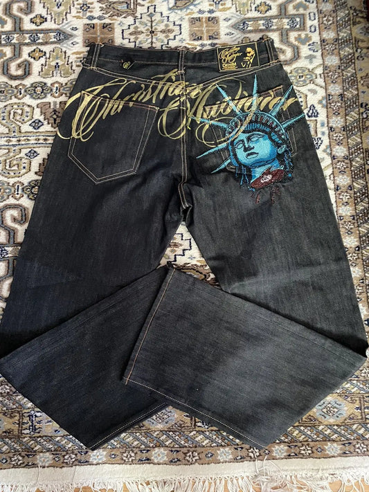 Vintage Statue of Liberty Diamond Jeans – High Waist Wide Leg Y2K Harajuku Denim Pants for Women