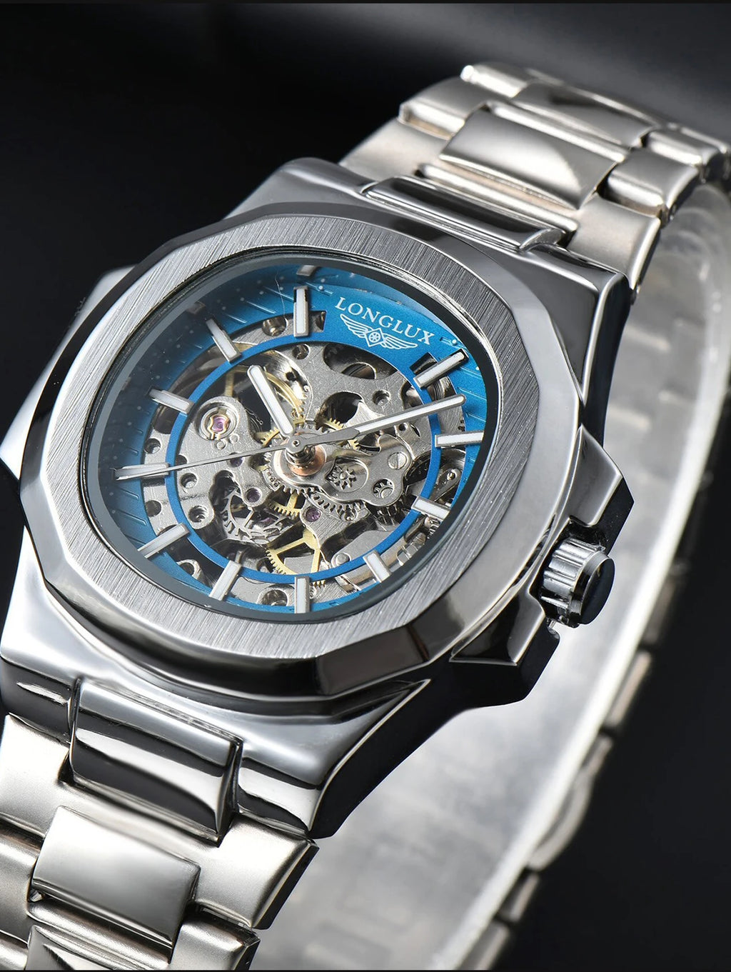 LONGLUX Luxury Automatic Skeleton Watch – Stainless Steel Waterproof Mechanical Timepiece for Men