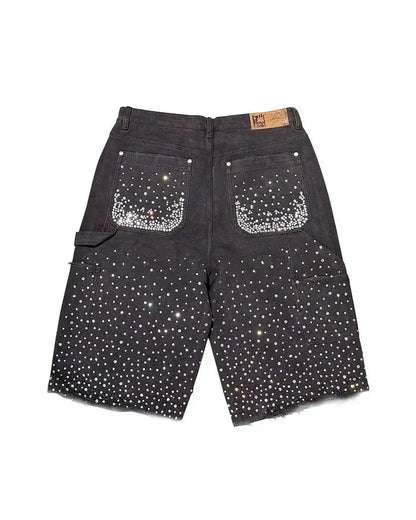 Vintage Rhinestone Sequin Denim Shorts – Y2K Hip Hop Streetwear for Men