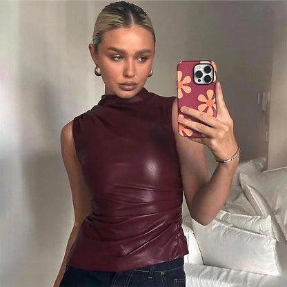 🔥 Women’s Y2K Vintage PU Leather Tank Top – High Waist, Sleek & Versatile 🔥