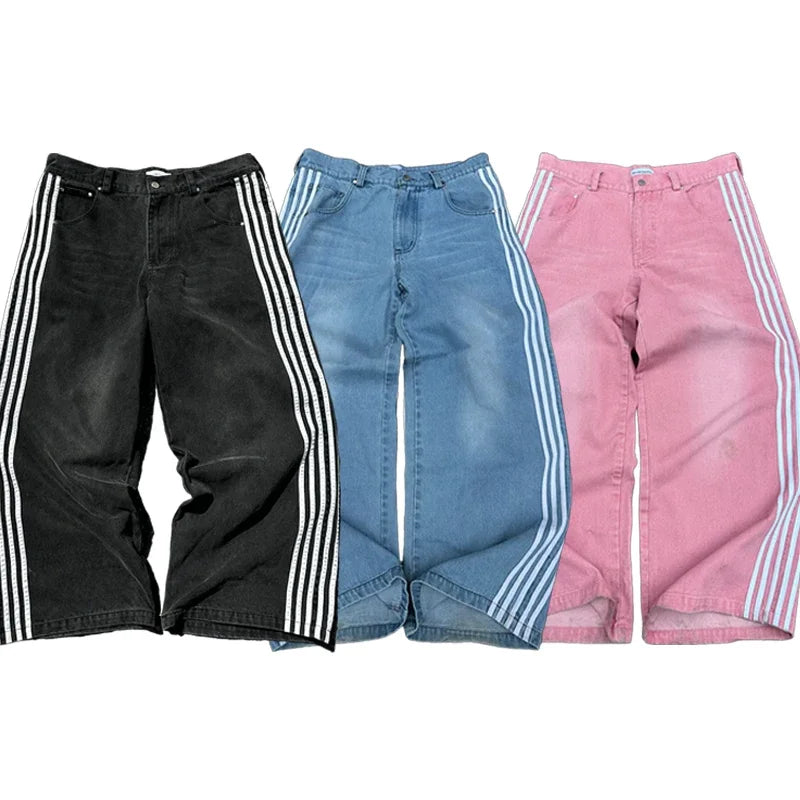 “Y2K Baggy Jeans – Harajuku Striped Wide-Leg Streetwear for Men & Women”