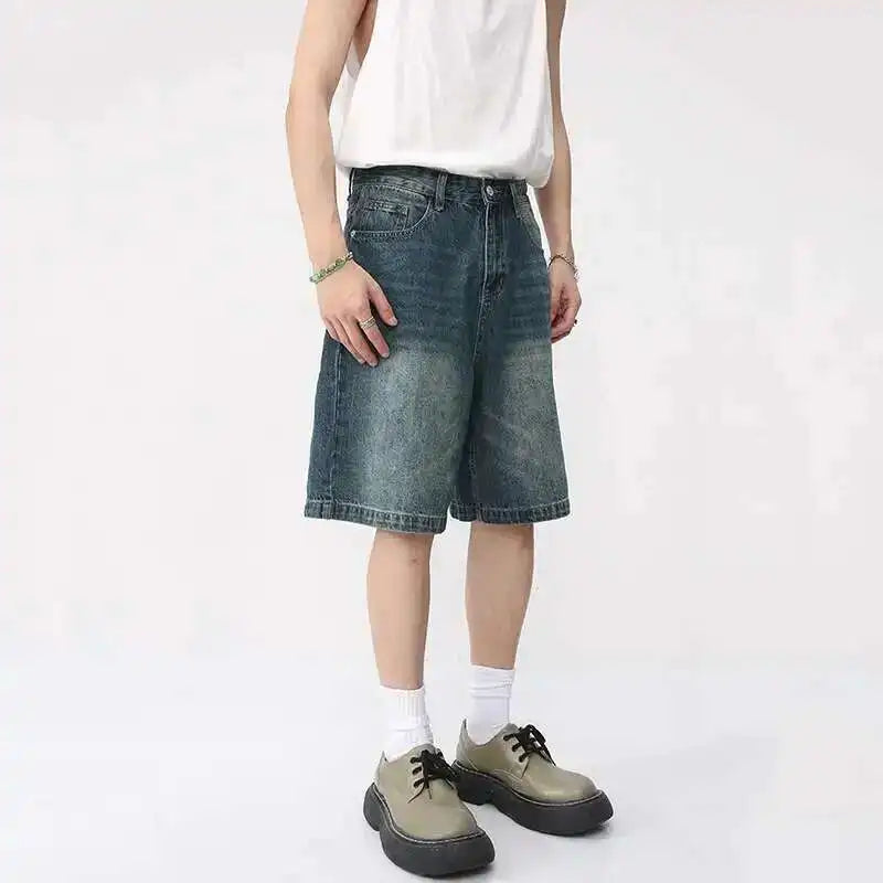 Summer Denim Shorts – Retro Washed Loose Fit Korean Streetwear for Men