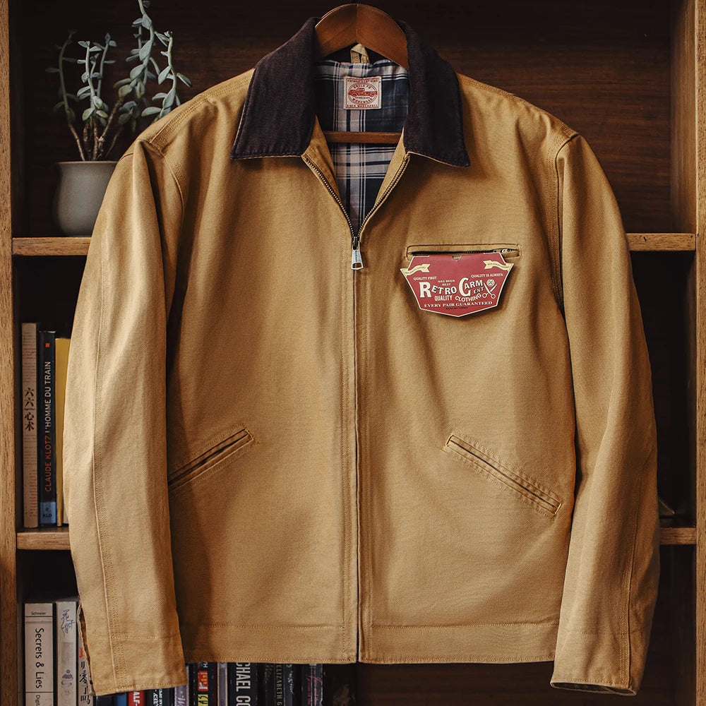 Maden Retro Detroit J001 Men's Canvas Work Jacket – Heavyweight Utility Coat with Lapel Collar and Pockets
