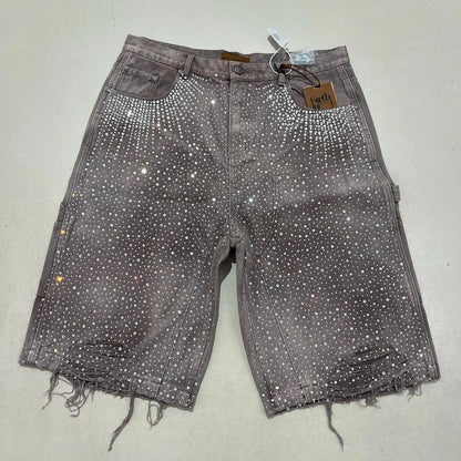 Vintage Rhinestone Sequin Denim Shorts – Y2K Hip Hop Streetwear for Men