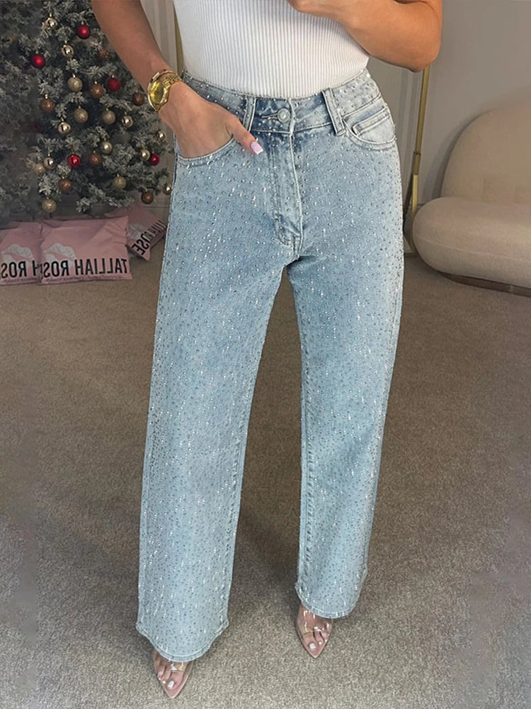 Y2K Shiny Rhinestone Wide Leg Jeans – High Street Full Diamond Denim for Women